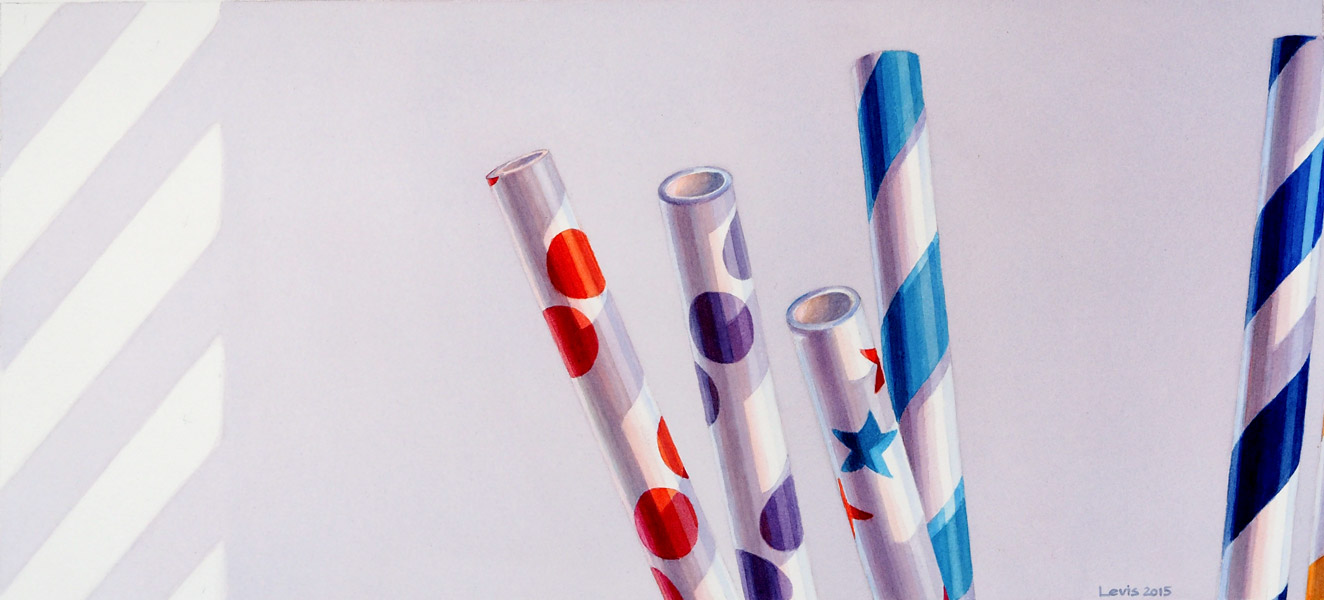 Blue Star: Several patterned paper straws. Watercolour, 30 x 65 cm. Artwork by Petra Levis