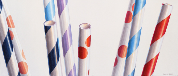 Blue Stripes, Red Dots: Gemusterte Papier-Strohhalme. Aquarell, 30 x 70 cm. Artwork by Petra Levis