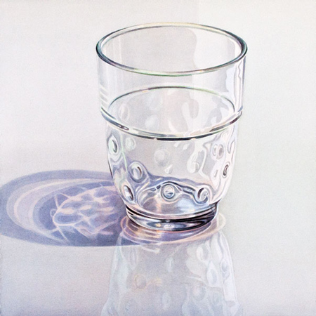Bouzigues: Glass on reflecting surface. Watercolour, 60 x 60 cm. Artwork by Petra Levis