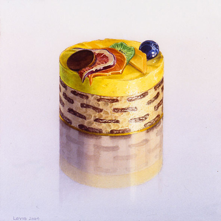 Charlotte II: Small Cake (Charlotte) topped with Mangocream and Fruit. Watercolour, 34 x 34 cm. Artwork by Petra Levis