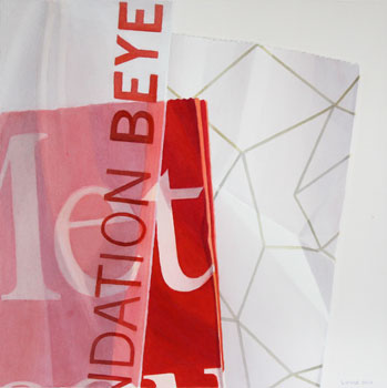 Fondation II: Ausschnitt dreier sich überschneidender Papier-Einkaufstüten. Watercolor, 57 x 57 cm. Artwork by Petra Levis