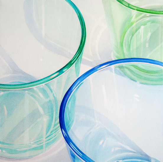 Gläser: Drei angeschnittene Gläser in Grün, Smaragdgrün und Blau. Watercolor, 55 x 55 cm. Artwork by Petra Levis