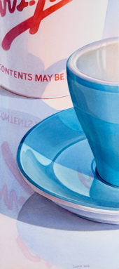 May Be: Blue porcelain coffee cup and paper cup with red letters. Watercolour, 65 x 30 cm. Artwork by Petra Levis