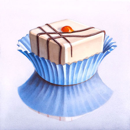 Praline: White chocolate candy in blue paper cup on reflecting surface. Watercolour, 34 x 34 cm. Artwork by Petra Levis