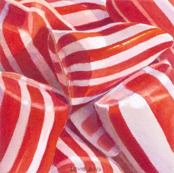 Rot-Weiss: Red and white striped candy. Watercolour, 13 x 13 cm. Artwork by Petra Levis