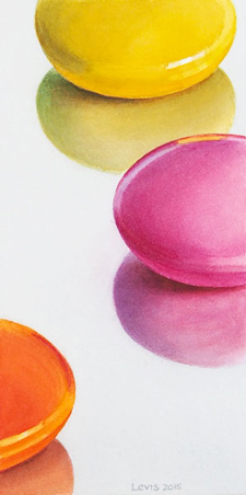 Smarties: Sweet, colorful chocolate candy on reflecting surface. Watercolour, 30 x 15cm. Artwork by Petra Levis
