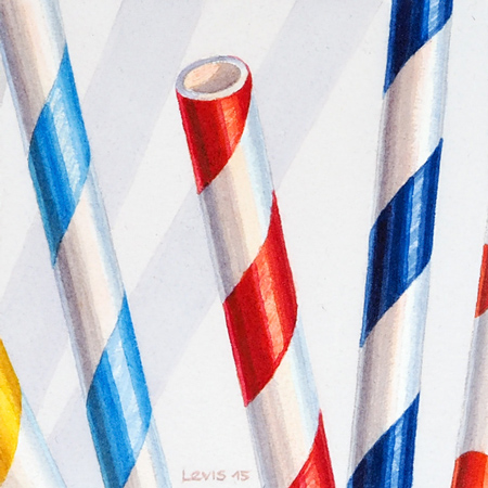 Papier-Strohhalme mit Streifen und Punkten gemustert. Watercolor, 15 x 30 cm. Artwork by Petra Levis