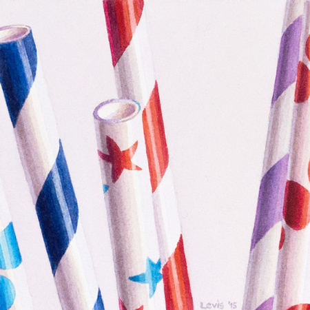 Paper Straws: Papier-Strohhalme mit Streifen, Punkten und Sternen gemustert. Aquarell, 15 x 15 cm. Artwork by Petra Levis