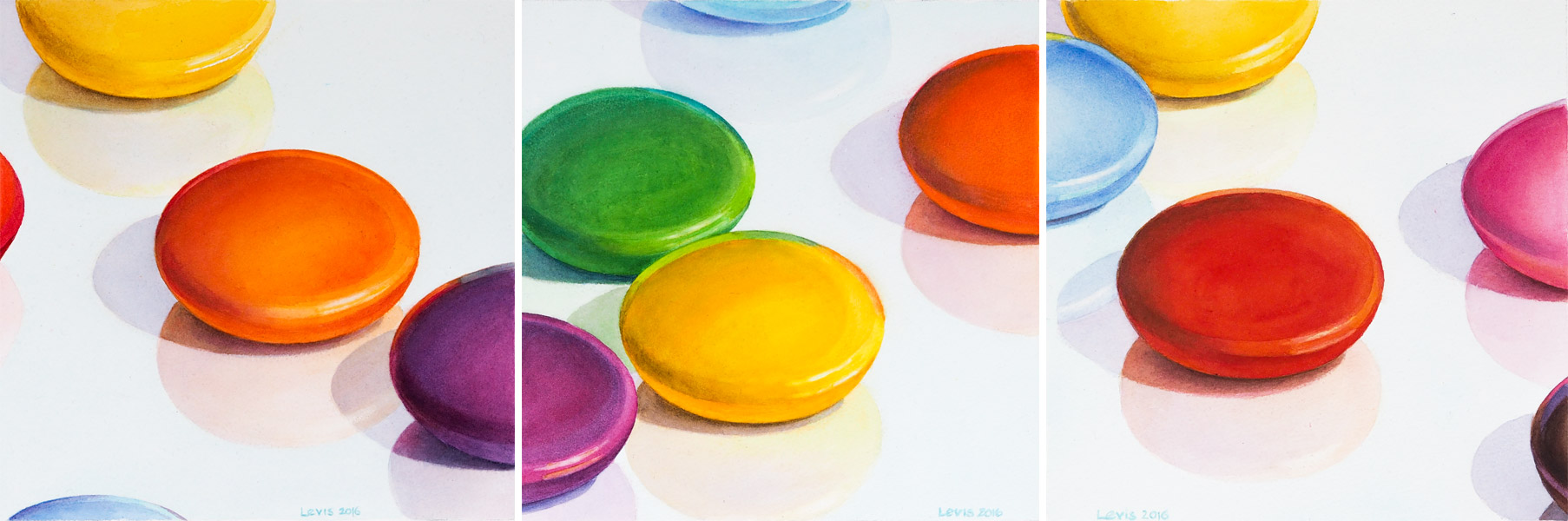 Acht Farben: Smarties: Dreiteilig - Jeweils einige bunte Smarties auf reflektierender Fläche. Watercolor, 25 x 75cm. Artwork by Petra Levis