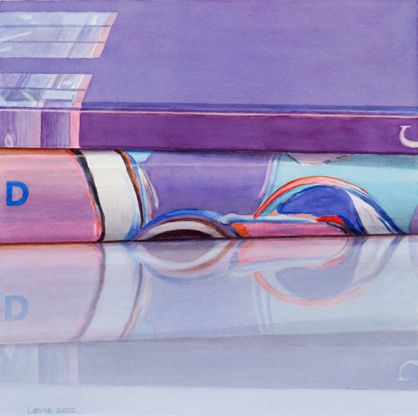 Ohne: zwei Artbooks auf spiegelnder Fläche. Aquarell, 50 x 50 cm. Artwork by Petra Levis