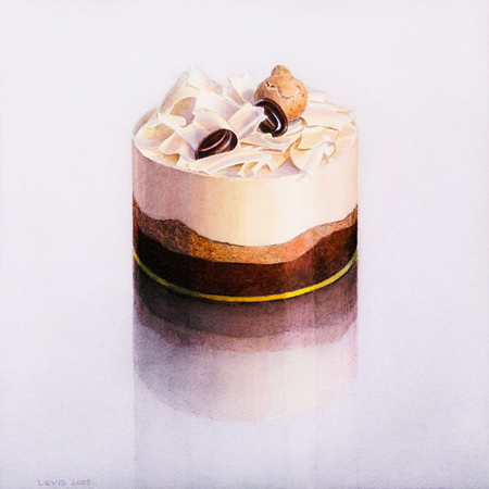 Charlotte: Small Cake (Charlotte) topped with cream, white chocolate and coffeebeans. Watercolour, 34 x 34 cm,artwork by Petra Levis