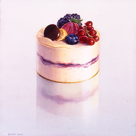 Charlotte: Small Cake (Charlotte) topped with cream and Fruit. Watercolour, 34 x 34 cmartwork by Petra Levis