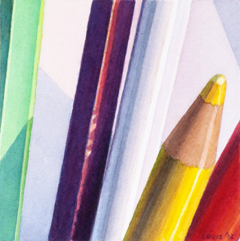 Colours: Detail view of 5 coloured pencils. Watercolour, 13 x 13 cm. Artwork by Petra Levis