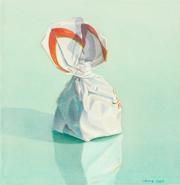 Fioretto: Chocolate Candy wrapped in white paper. Watercolour, 37 x 36 cm. Artwork by Petra Levis