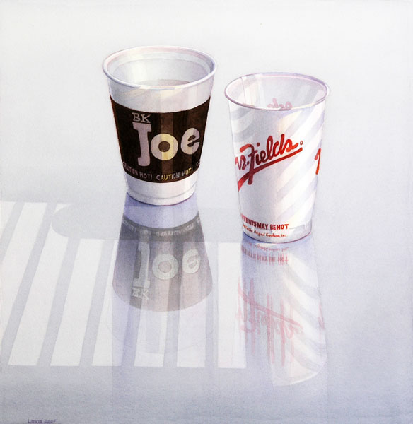 Joe and Mrs. Fields: 2 Papercups - Joe and Mrs. Fields - on reflecting surface. Watercolour, 55 x 54 cm. Artwork by Petra Levis