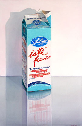 Latte fresco: Venetian milkbox (white, turqoise and red) on reflecting surface. Watercolour, 101 x 66 cm. Artwork by Petra Levis