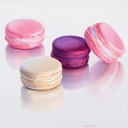 Macarons: Pink, violet and cream colored macarons on reflecting surface. Watercolour, 43 x 43 cm. Artwork by Petra Levis