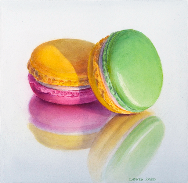Macarons: Pink-, yellow and green coloured Macarons on reflecting surface. Watercolor, 30 x 30 cm, artwork by Petra Levis
