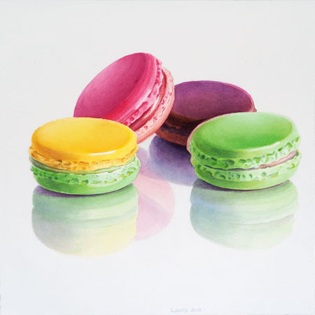Macarons: Pink, violet, yellow and cream colored macarons on reflecting surface. Watercolour, 43 x 43 cm,artwork by Petra Levis