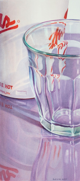 May Be Hot: Glas und ein mit roter Schrift beschriftetet Pappbecher. Aquarell, 62 x 28 cm. Artwork by Petra Levis