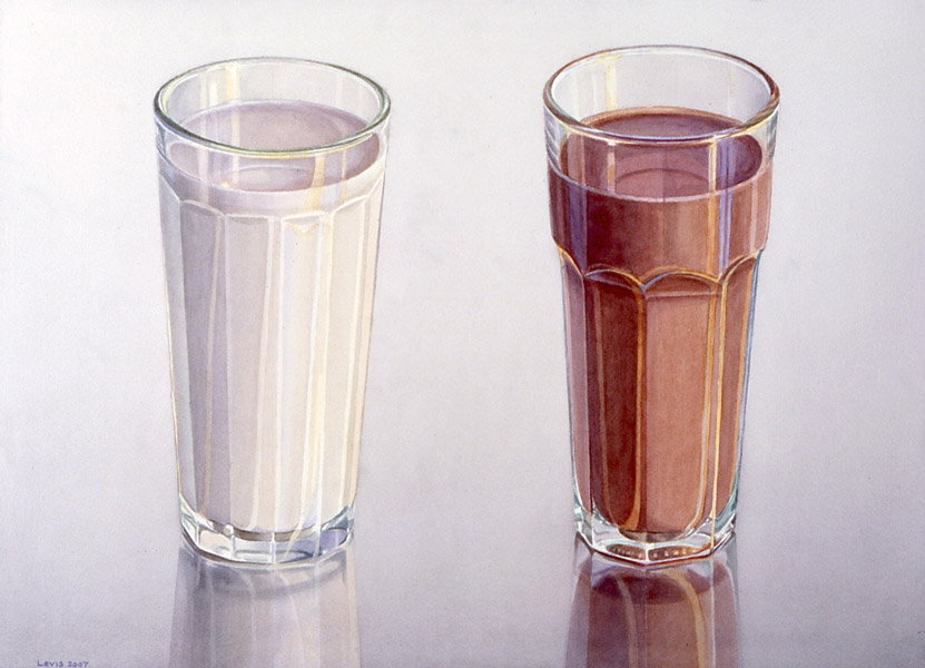 Milch und Schokolade: Ein Glas Milch und ein Glas Kakao auf reflektierender Fläche stehend. Aquarell, 50 x 70 cm. Artwork by Petra Levis