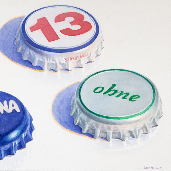 NA - ohne - 13: 3 crown caps; one is titled (Orangi)na, one is titled ohne and the third is labeld 13 . Watercolour, 34 x 34 cm. Artwork by Petra Levis