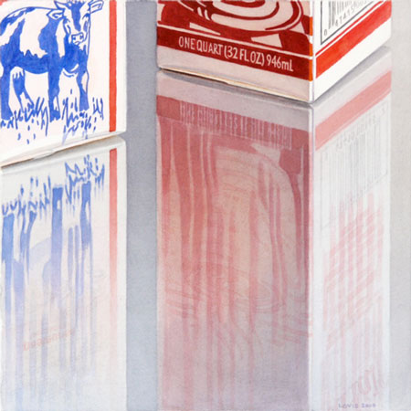 One Quart: Zwei Milchkartons auf reflektierender Fläche stehend. Watercolor, 101 x 66 cm. Artwork by Petra Levis