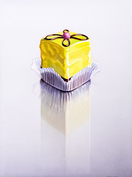 Petits Fours: Small, yellow coated cake on reflecting surface. Watercolour, 60 x 45 cm. Artwork by Petra Levis