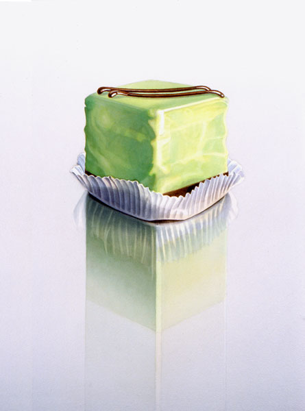 Petits Fours: Small, white and pink coated cake on reflecting surface. Watercolour, 60 x 45 cm. Artwork by Petra Levis