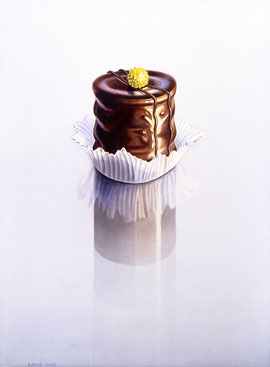 Petits Fours: Small, chocolate coated cake on reflecting surface. Watercolour, 60 x 45 cmartwork by Petra Levis