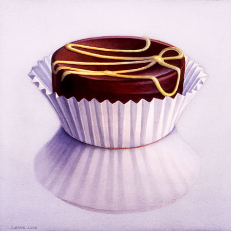 Praline: Chocolate candy in white paper cup on reflecting surface. Watercolour, 34 x 34 cm. Artwork by Petra Levis