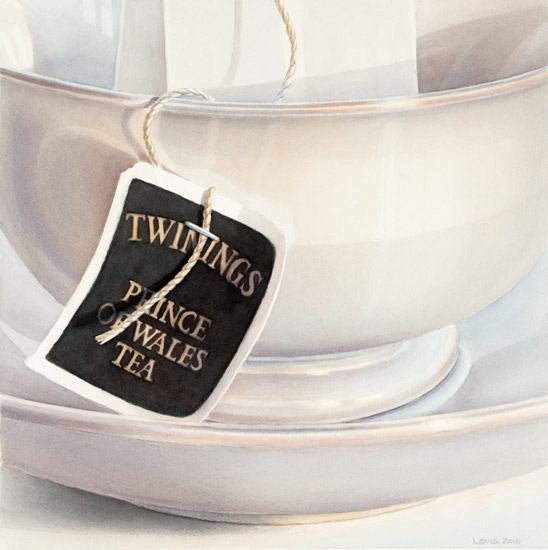 Prince of Wales: Cream-colored cup with prince-of-wales-Teabag. Watercolour, 50 x 50 cm. Artwork by Petra Levis