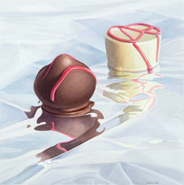 Chocolate Candy: Two chocolate candies on reflecting surface. Watercolor, 75 x 75 cm,artwork by Petra Levis
