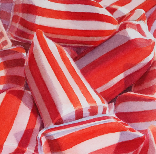 Rot-Weiss: Red and white striped candy. Watercolour, 15 x 15 cm. Artwork by Petra Levis
