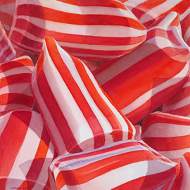 Rot-Weiss: Rot-Weiss gestreifte Bonbons. Aquarell, 35 x 35 cm. Artwork by Petra Levis