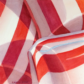 Rot-Weiss: Rot-Weiss gestreifte Bonbons. Aquarell, 20 x 20 cm. Artwork by Petra Levis