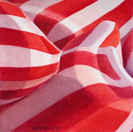 Rot-Weiss: Rot-Weiss gestreifte Bonbons. Aquarell, 20 x 20 cm. Artwork by Petra Levis