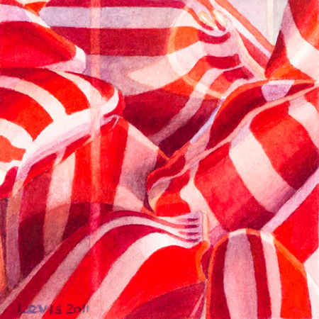 Rot-Weiss: Rot-Weiss gestreifte Bonbons. Aquarell, 13 x 13 cm. Artwork by Petra Levis