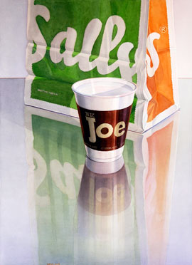 Sally  & Joe: Pappbecher vor Papiertüte auf reflektierender Fläche stehend. Watercolor, 95 x 69 cm. Artwork by Petra Levis