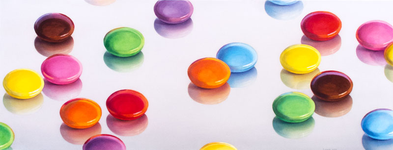 Smarties: Many sweet, colorful chocolate candies on reflecting surface. Watercolour, 50 x 130 cm. Artwork by Petra Levis