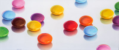 Smarties: Sweet, colorful chocolate candy on reflecting surface. Watercolour, 50 x 120cm. Artwork by Petra Levis
