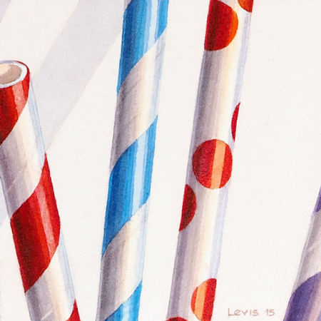 Paper Straws: Papier-Strohhalme mit Streifen und Punkten gemustert. Watercolor, 15 x 15 cm. Artwork by Petra Levis