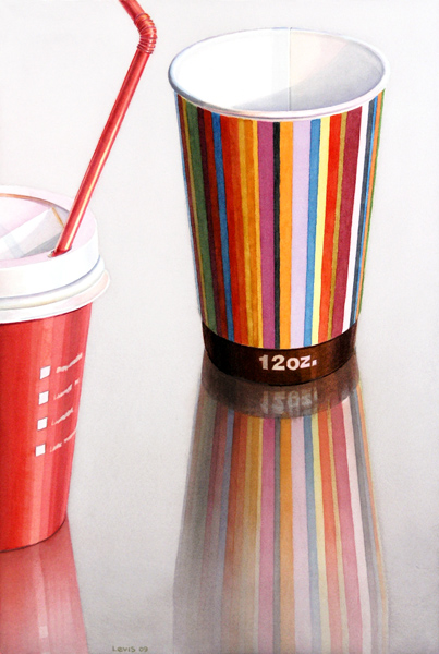Stripes: 2 bunte Pappbecher auf reflektierender Fläche stehend. Aquarell, 62 x 42 cm. Artwork by Petra Levis