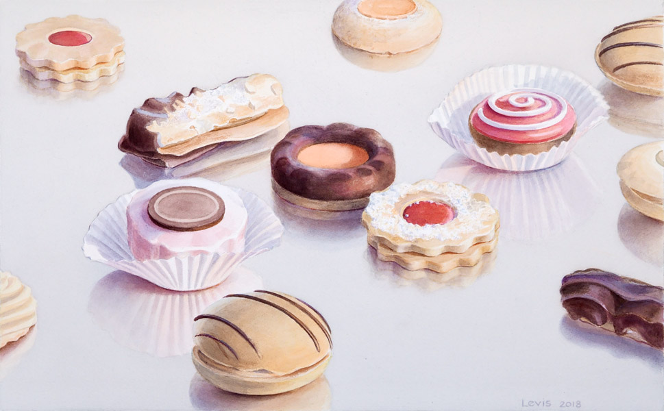 Teegebaeck: Several special tea biscuits and Petits Fours on reflecting surface. Watercolour, 42 x 67 cm. Artwork by Petra Levis