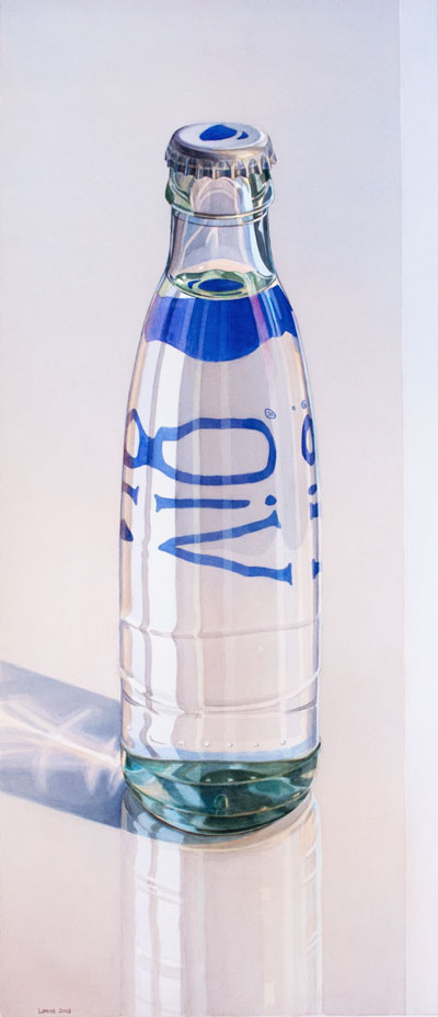 Vio: Bottle of Water on reflecting surface. Watercolour, 120 x 52 cm. Artwork by Petra Levis